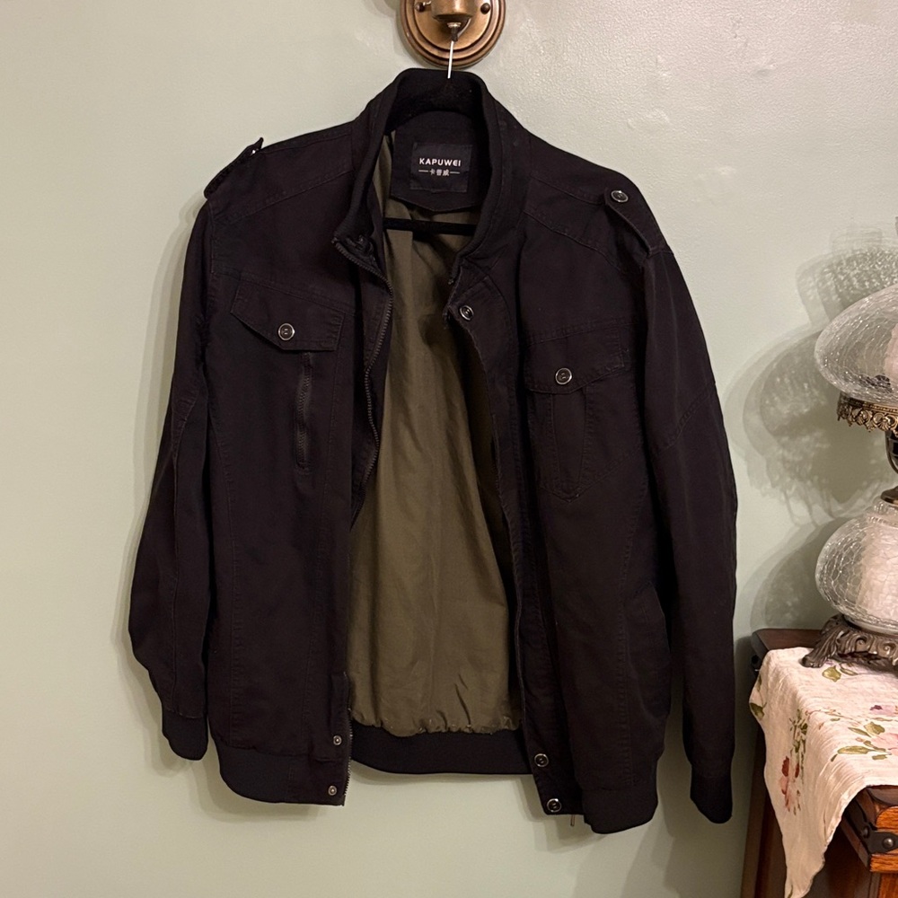 Men’s Black Utility Jacket Large Lightweight Casual Zip Coat
